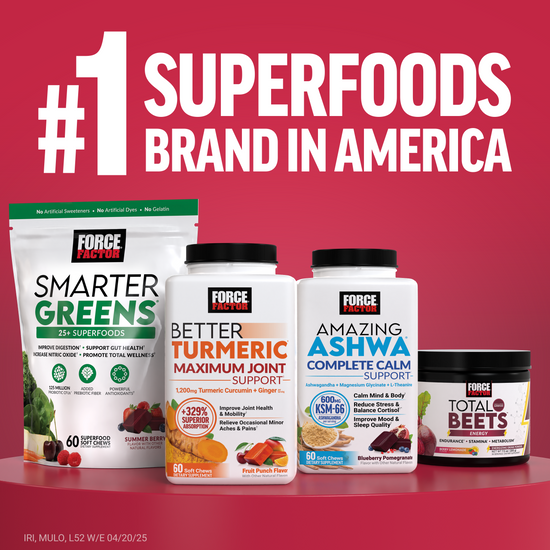 Assortment of Force Factor superfood supplements labeled as the #1 superfoods brand in America.