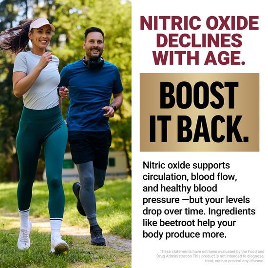 Couple jogging with text encouraging nitric oxide support for circulation and blood pressure.