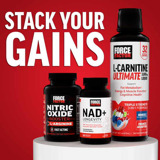 Nitric oxide, NAD+, and L-carnitine bottles on pedestal under headline stack your gains against red background.
