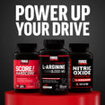 Power Up Your Drive graphic featuring Score! Hardcore, L-Arginine, and Nitric Oxide Booster bottles.