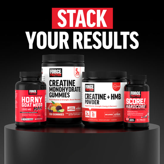 Force Factor supplement lineup displayed together under stack your results headline featuring creatine and performance products