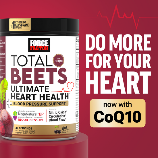 Total Beets Ultimate Heart Health with CoQ10 tub and text highlighting heart and blood pressure support.