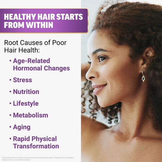 Woman with curly hair with seven root causes of poor hair health listed