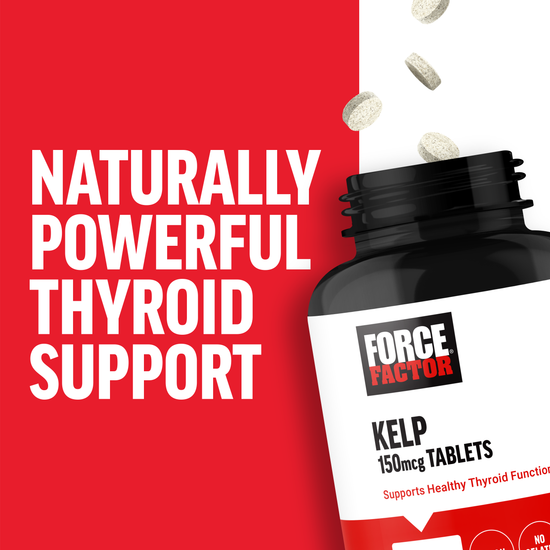 Kelp supplement bottle with tablets spilling out, promoting natural thyroid support on a red background.