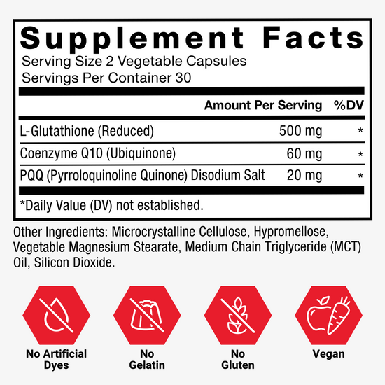 Glutathione supplement facts panel with no artificial dyes, no gelatin, no gluten, vegan icons