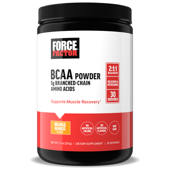 BCAA powder supplement in a black container, labeled with "FORCE FACTOR," supports muscle recovery with 30 servings.