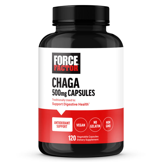 Chaga 500 mg capsules bottle for digestive health support, featuring 120 vegetable capsules, vegan and gluten-free.