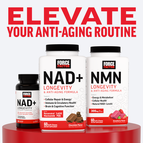 Force Factor anti-aging supplement lineup featuring NAD+ Nutrient Complex, NAD+ Longevity soft chews, and NMN Longevity