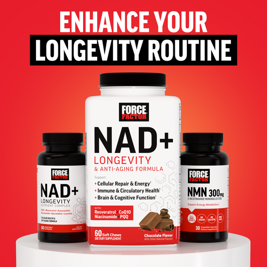 Force Factor NAD+ Longevity soft chews, NAD+ Longevity Nutrient Complex, and NMN 300mg bottles