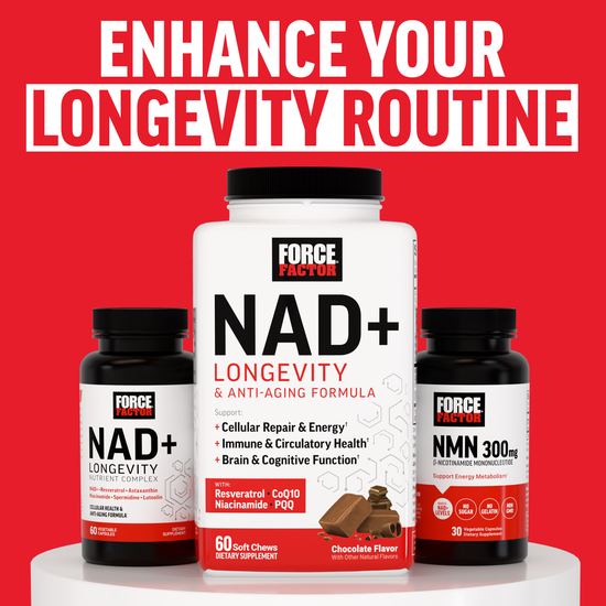 Force Factor NAD+ Longevity soft chews, NAD+ Longevity Nutrient Complex, and NMN 300mg bottles