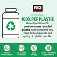 Force Factor PCR plastic announcement showing supplement bottle with recycle icon and sustainability benefits below.