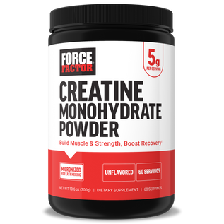 Force Factor creatine powder, unflavored, micronized for easy mixing, supports muscle growth, recovery, and strength.