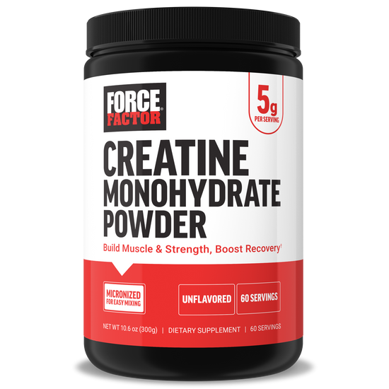 Force Factor creatine powder, unflavored, micronized for easy mixing, supports muscle growth, recovery, and strength.