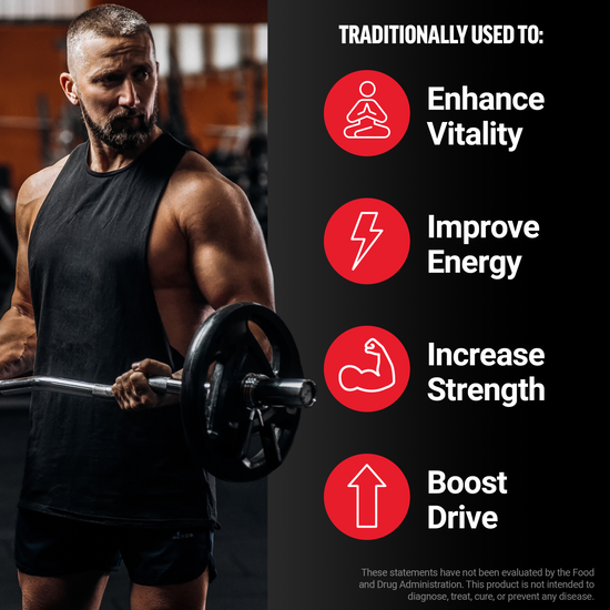 Muscular man lifting barbell with icons listing enhance vitality, improve energy, increase strength, and boost drive