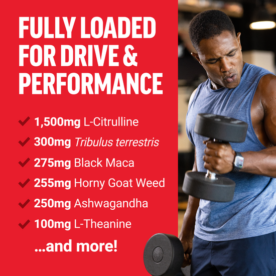 Innovative supplement for drive and performance with L-Citrulline, Tribulus terrestris, Black Maca, and Ashwagandha.
