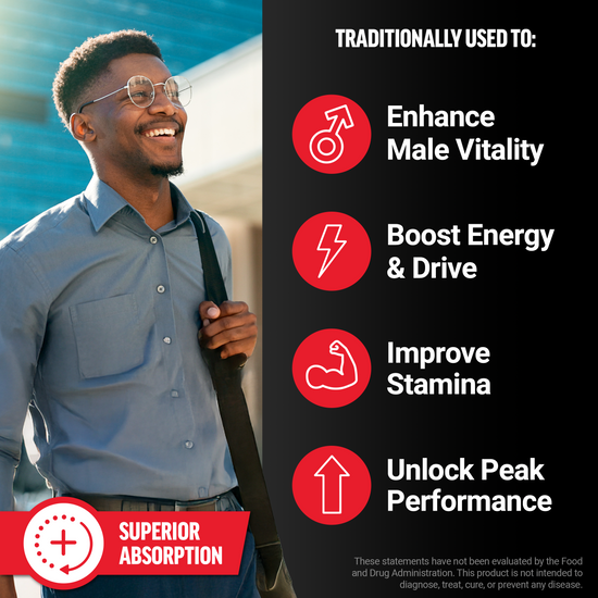 Smiling man walking outside with icons highlighting male vitality, energy, stamina, and performance benefits.