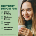 Woman holding mug with icons showing supplement supports energy and vitality, alertness and focus, immune health, and antioxidant protection