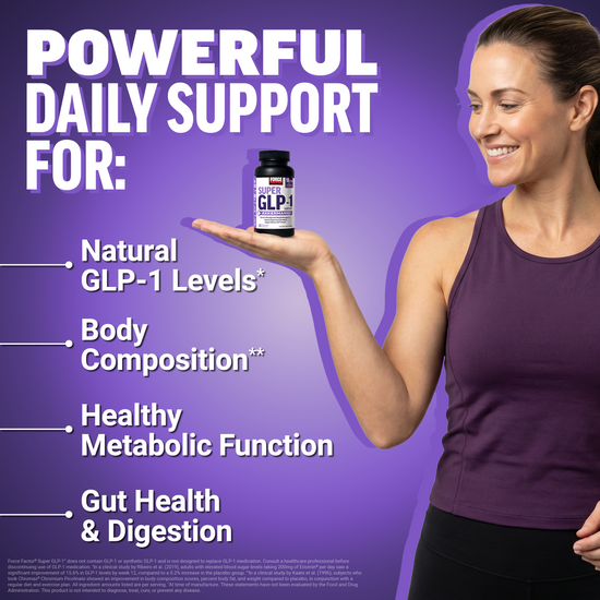 Woman holding Force Factor Super GLP-1 Plus Akkermansia capsules with text showing daily support for natural GLP-1 levels, body composition, metabolic function, and gut health