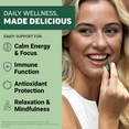 Woman eating a green soft chew with icons showing supplement supports calm energy, immune function, antioxidants, and relaxation