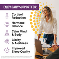 Woman smiling at work with five Cortisol Reducer benefits: cortisol reduction, hormone balance, calm mind, clarity, better sleep