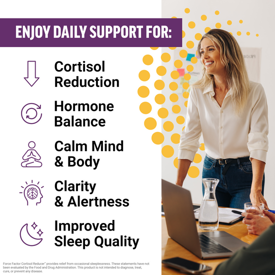 Woman smiling at work with five Cortisol Reducer benefits: cortisol reduction, hormone balance, calm mind, clarity, better sleep