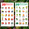 Grid of 20 whole fruit and 20 whole veggie illustrations featured in Force Factor supplements on colorful backdrop.