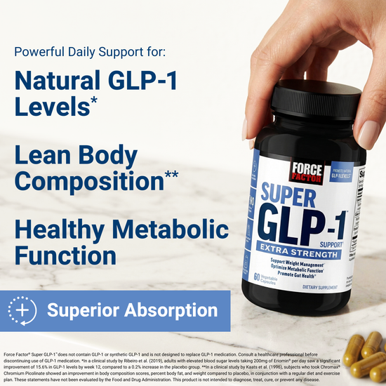 Force Factor Super GLP-1 Extra Strength bottle held by hand, with key benefits listed