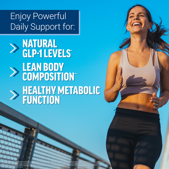 Woman running outdoors with text showing supplement supports natural GLP-1 levels, lean body composition, and healthy metabolic function