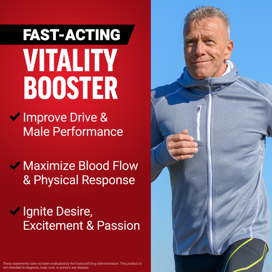 Man jogging beside text highlighting fast-acting vitality booster benefits