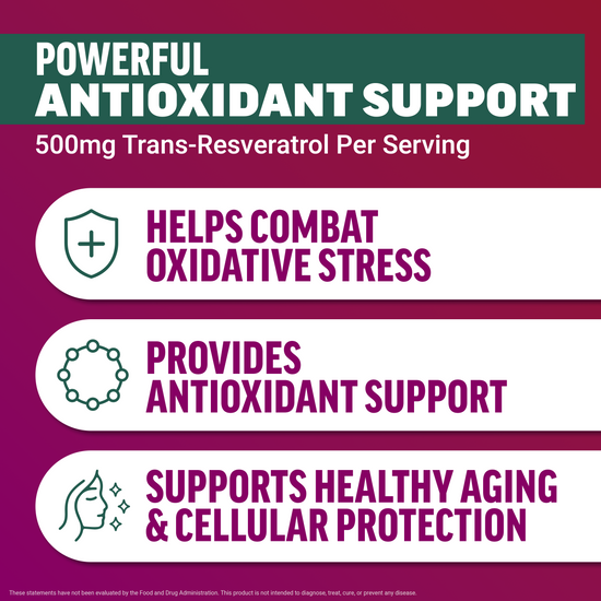 Three key benefits of 500mg Trans-Resveratrol: combat oxidative stress, antioxidant support, healthy aging and cellular protection