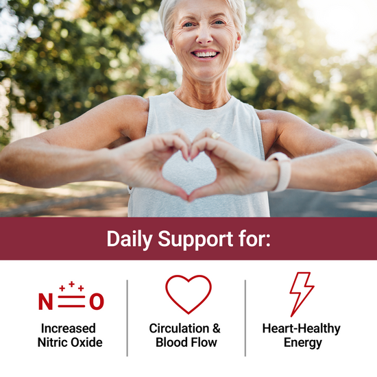 Smiling woman outdoors making a heart shape with hands, showing daily support for circulation and heart energy.