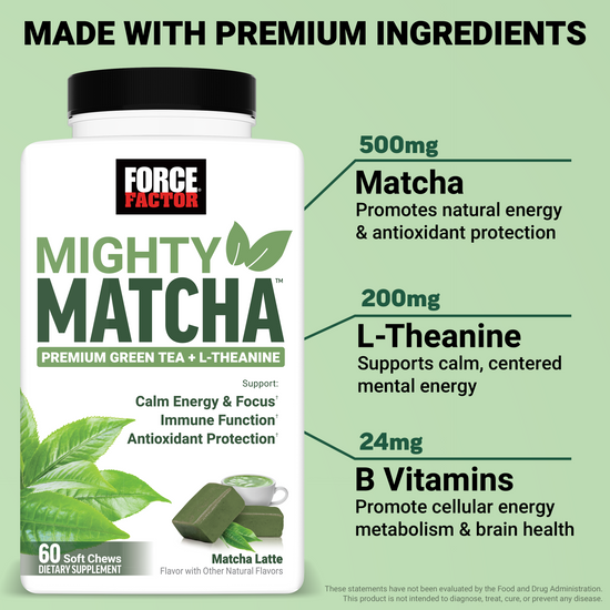 Force Factor Mighty Matcha supplement bottle highlighting 500mg Matcha, 200mg L-Theanine, and B Vitamins ingredients