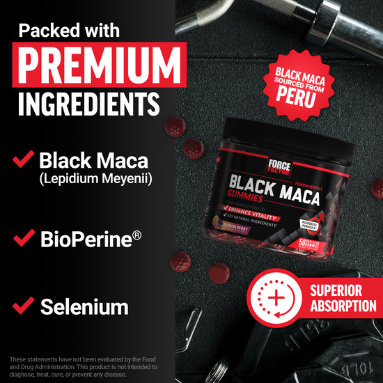 Black Maca Gummies bottle with callouts for premium ingredients, BioPerine, selenium, and black maca sourced from Peru