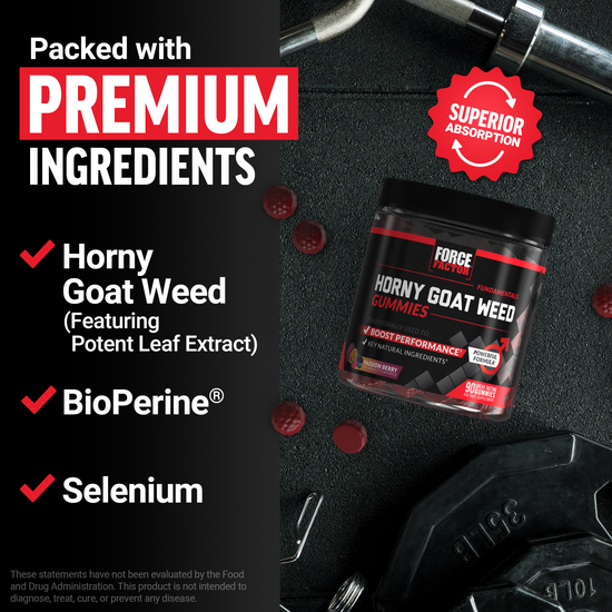 Horny Goat Weed Gummies on gym floor with text highlighting premium ingredients and superior absorption.