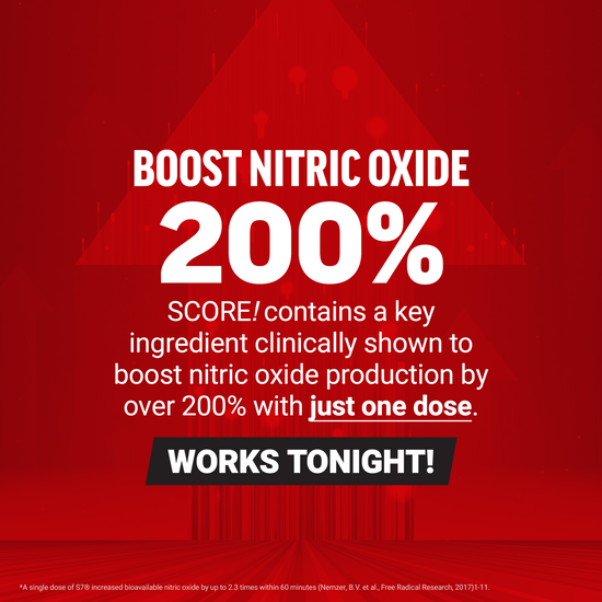 Red graphic promoting 200% nitric oxide boost from one dose