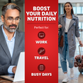 Split image showing Force Factor supplements as ideal for work, travel, and busy days with professional visuals.