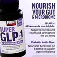 Force Factor Super GLP-1 Plus Akkermansia bottle highlighting 1 billion AFUs Akkermansia muciniphila to nourish gut microbiome and strengthen gut lining