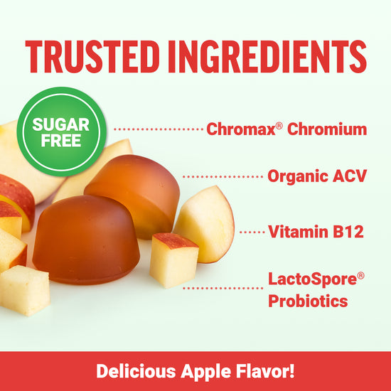 Sugar-free apple-flavored gummies shown with key ingredients: Chromax® Chromium, Organic ACV, Vitamin B12, and LactoSpore® Probiotics.