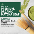Matcha powder and bamboo whisk highlighting 2,000mg ceremonial-grade matcha promotes natural energy and antioxidant protection