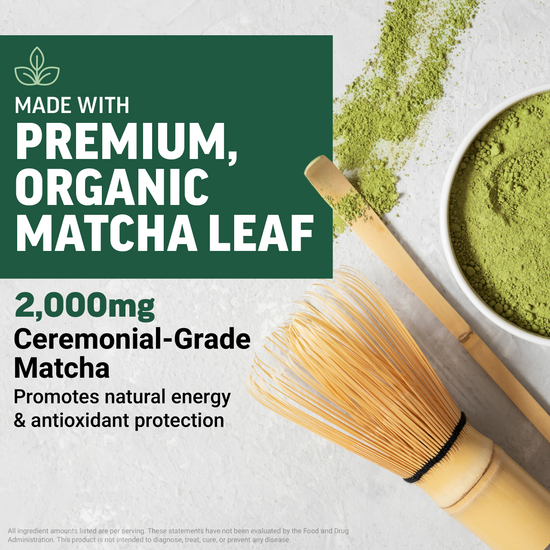 Matcha powder and bamboo whisk highlighting 2,000mg ceremonial-grade matcha promotes natural energy and antioxidant protection