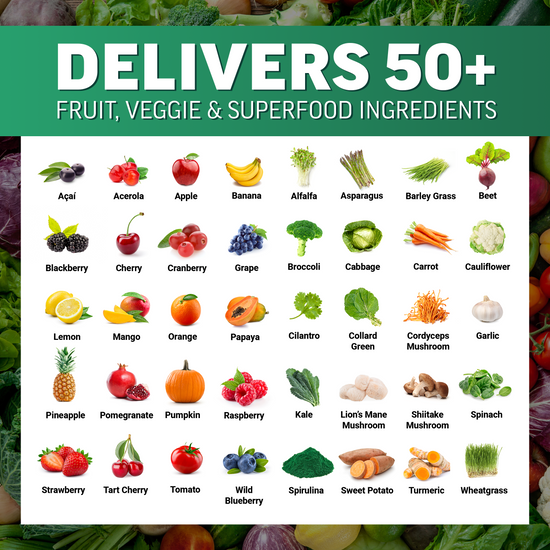 Grid of 40 fruit, vegetable, and superfood ingredients including acai, kale, turmeric, and spirulina in Fruits & Veggies supplement