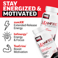 LeanFire with Slimvance bottles beside icons for zumXR energy, Infinergy focus, and TeaCrine motivation.