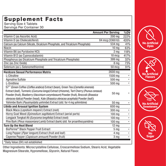 Supplement facts label displaying nutritional information and ingredients for a performance supplement.