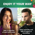 Split image showing woman taking capsules and man drinking green smoothie to highlight versatile supplement use.