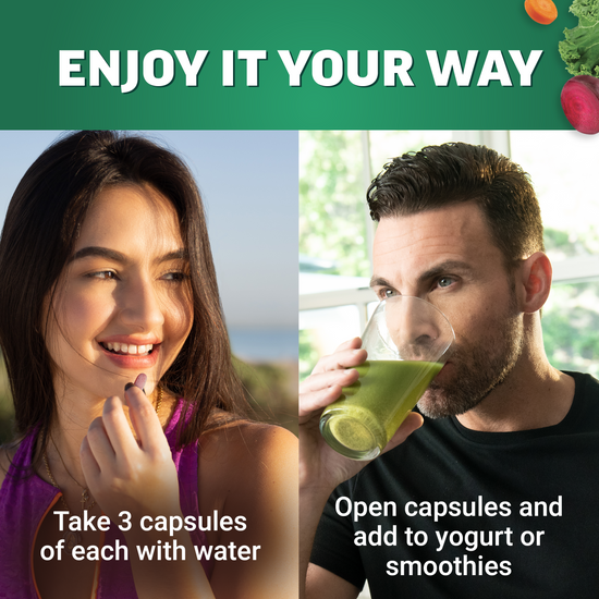 Split image showing woman taking capsules and man drinking green smoothie to highlight versatile supplement use.