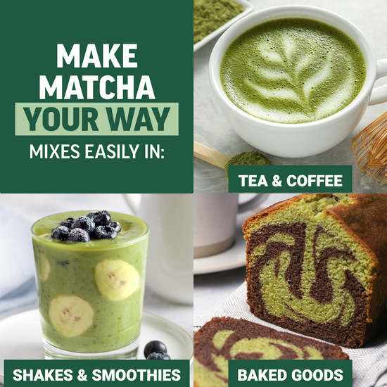 Force Factor Mighty Matcha powder mixes easily into tea and coffee, shakes and smoothies, and baked goods