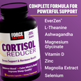 Force Factor Cortisol Reducer bottle with key ingredients: EverZen, L-Theanine, Ashwagandha, Magnesium Glycinate, and more