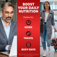 Man working at laptop and woman traveling with luggage promoting daily nutrition supplement for work, travel, and busy days