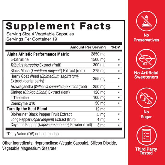 Supplement facts for Score!, highlighting key ingredients for blood flow, vitality, and stamina.