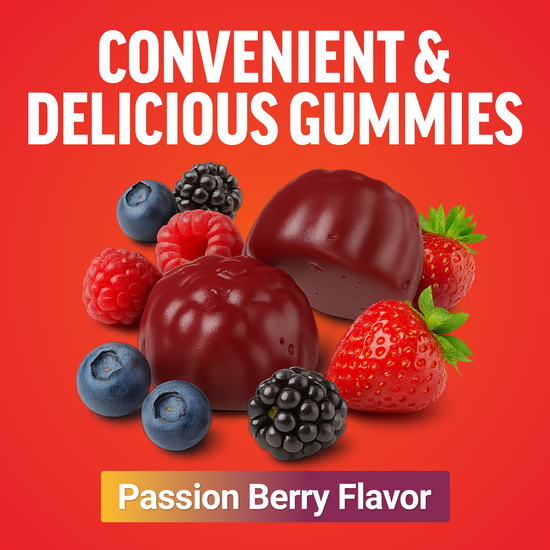 Close-up of passion berry flavored gummies surrounded by fresh berries on a red background.